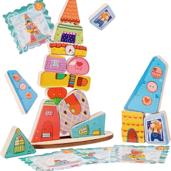 Montessori Wooden Stacking Toy,Colorful Houses Building Blocks Game 14 Pcs Monte - Picture 1 of 12